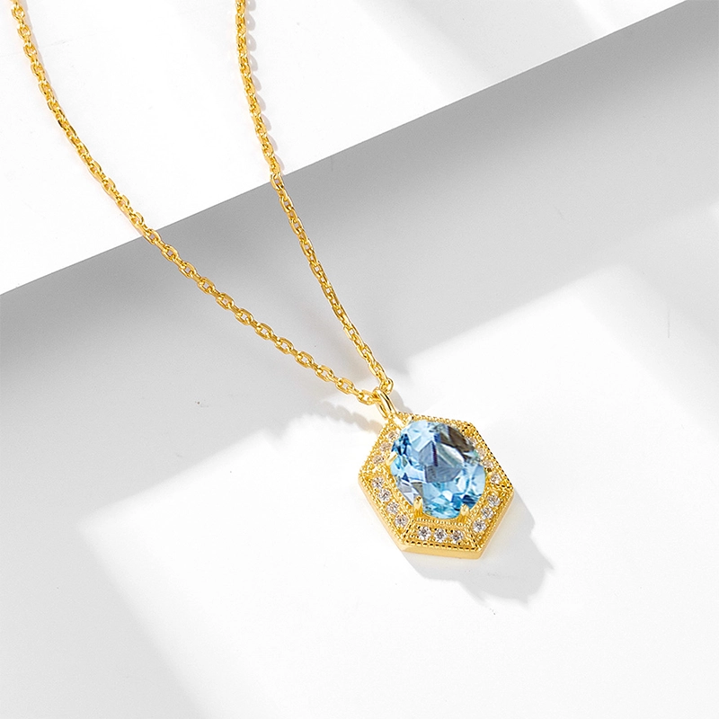 Geometric Vintage Natural Sky Blue Topaz Silver Necklace for Women