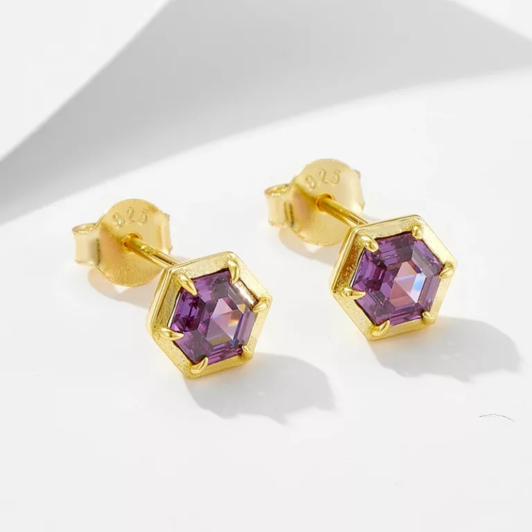 Geometric hexagonal amethyst and zircon zirconia earrings in silver