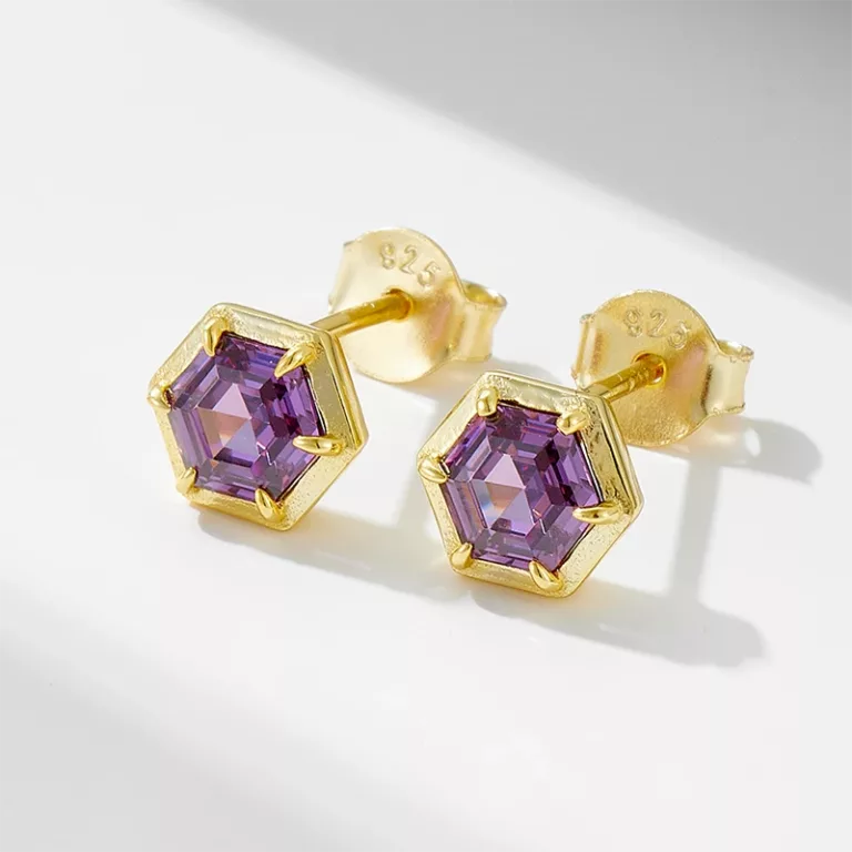 Geometric hexagonal amethyst and zircon zirconia earrings in silver