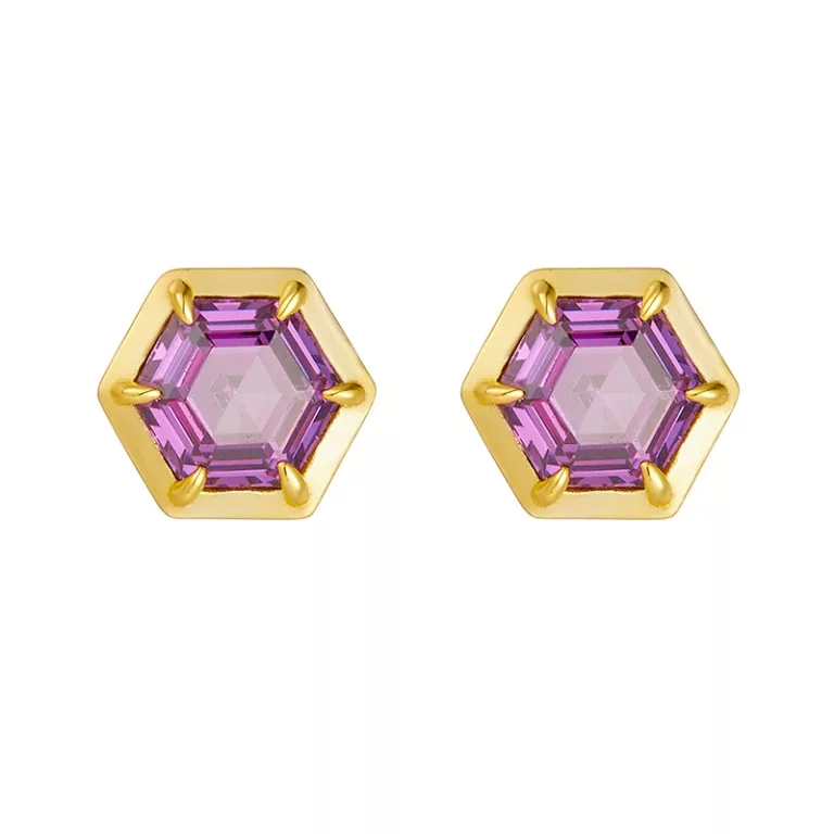 Geometric hexagonal amethyst and zircon zirconia earrings in silver