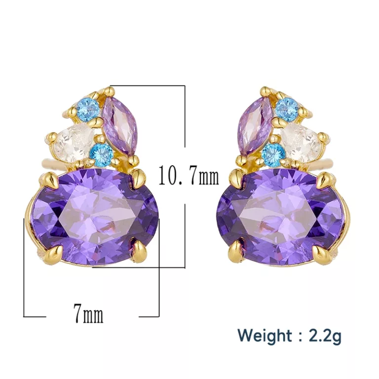 s925 silver colorful gemstone stud earrings geometric oval purple zircon earrings