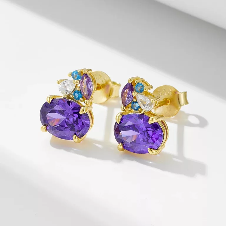 s925 silver colorful gemstone stud earrings geometric oval purple zircon earrings