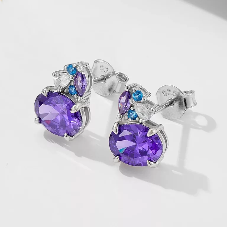 s925 silver colorful gemstone stud earrings geometric oval purple zircon earrings